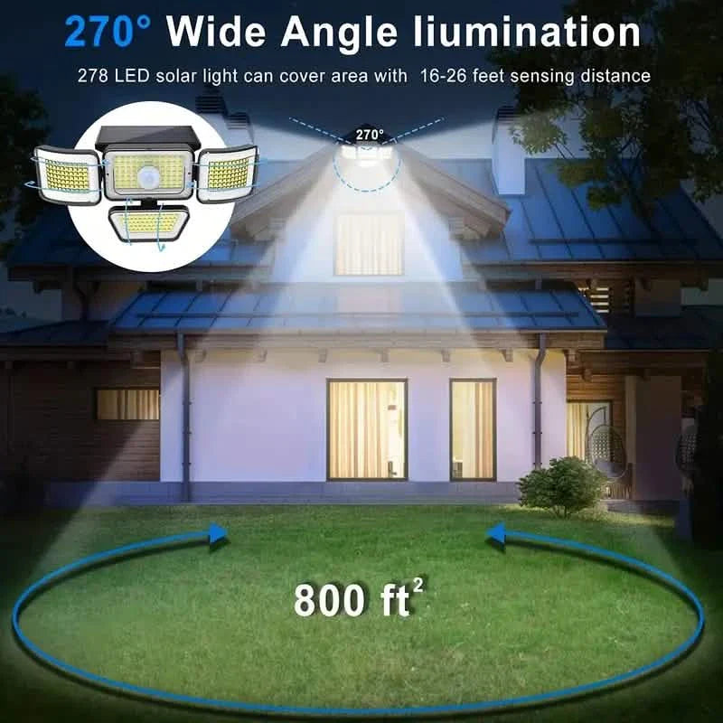 278 LEDs, 3000LM, Bewegungssensor, 6500K, Solarbetrieben, 4 Köpfe Sicherheitsflutlicht, 300° Weitwinkelwandleuchte mit 3 Modi