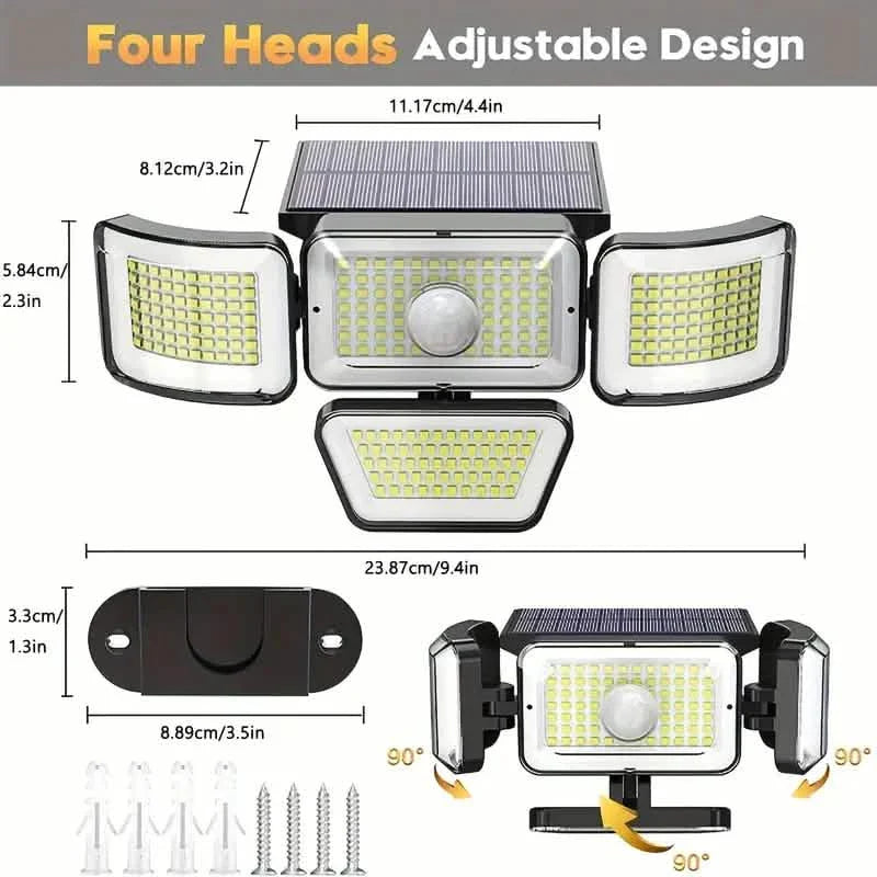 278 LEDs, 3000LM, Bewegungssensor, 6500K, Solarbetrieben, 4 Köpfe Sicherheitsflutlicht, 300° Weitwinkelwandleuchte mit 3 Modi