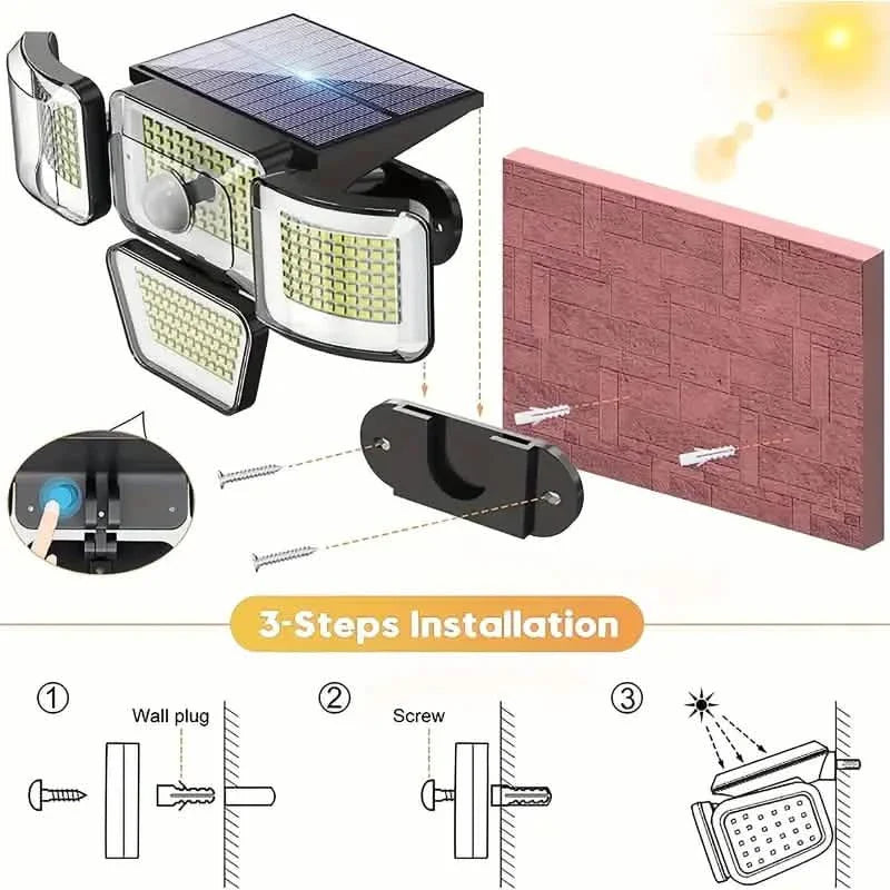 278 LEDs, 3000LM, Bewegungssensor, 6500K, Solarbetrieben, 4 Köpfe Sicherheitsflutlicht, 300° Weitwinkelwandleuchte mit 3 Modi
