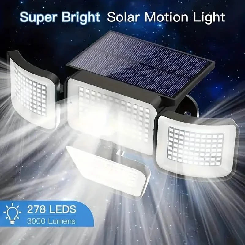 278 LEDs, 3000LM, Bewegungssensor, 6500K, Solarbetrieben, 4 Köpfe Sicherheitsflutlicht, 300° Weitwinkelwandleuchte mit 3 Modi