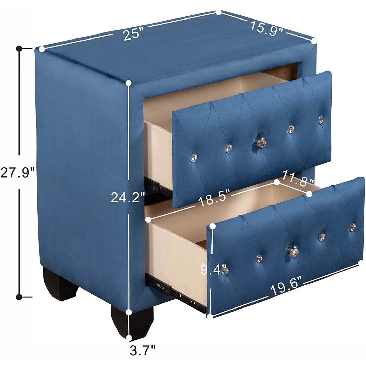 68,8 cm hoher Nachttisch, blau, gepolstert, Samt, mit 2 Schubladen