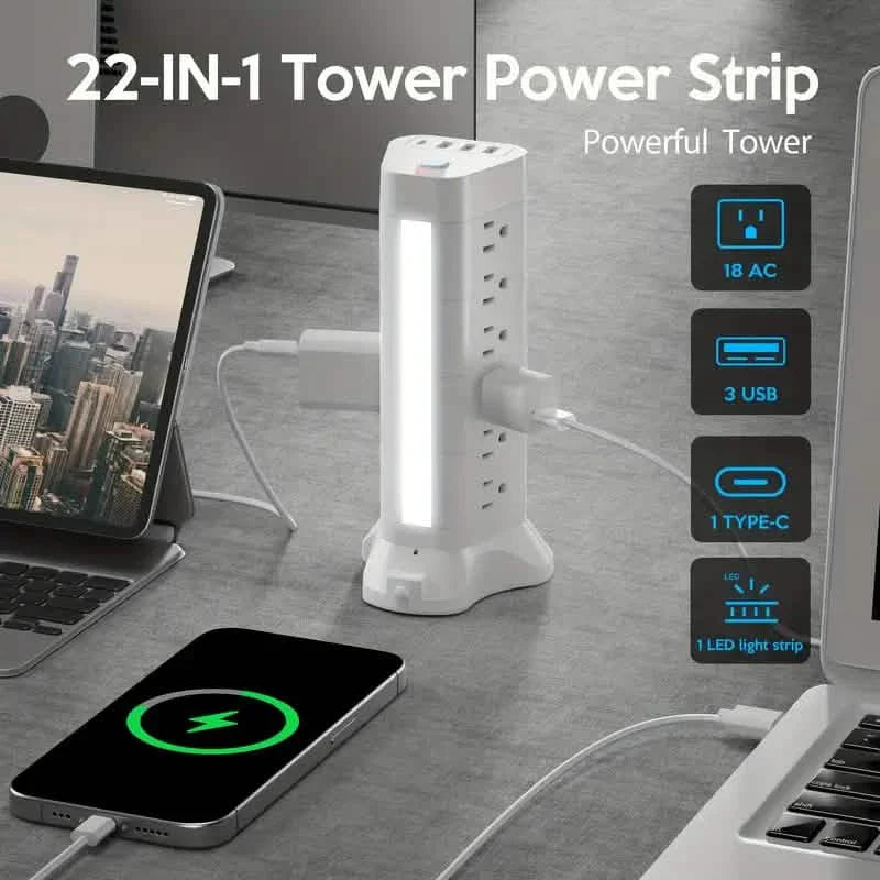 22-in-1 Steckdosenleistenturm mit 4 USB-Anschlüssen & 9 AC-Steckdosen, 3 m Verlängerungskabel, 3-Farben-Nachtlicht