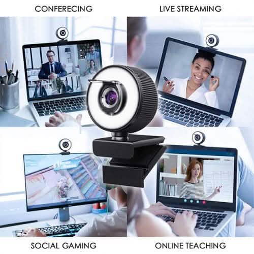 2K HD Webcam mit integrierter, dimmbarer LED-Ringbeleuchtung und Mikrofon (18 LEDs)
