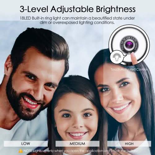 2K HD Webcam mit integrierter, dimmbarer LED-Ringbeleuchtung und Mikrofon (18 LEDs)
