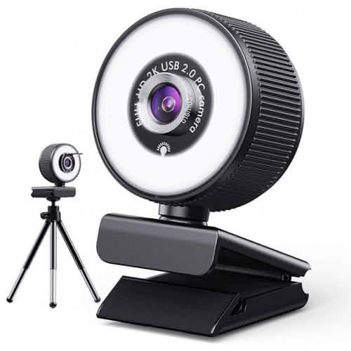 2K HD Webcam mit integrierter, dimmbarer LED-Ringbeleuchtung und Mikrofon (18 LEDs)