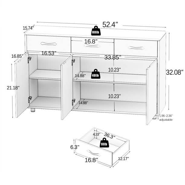 3-Schubladen-Anrichte, Sideboard, Buffetschrank