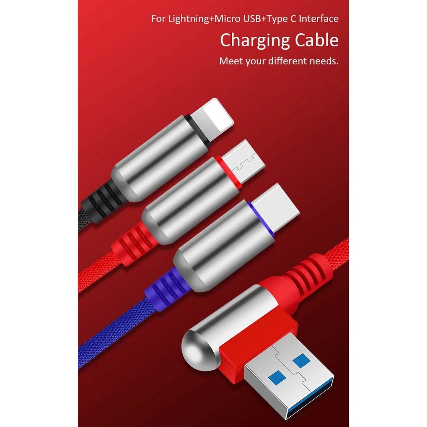 3-in-1 Ladekabel USB auf Micro-USB + Typ C + Lightning Ladekabel Schnellladekabel