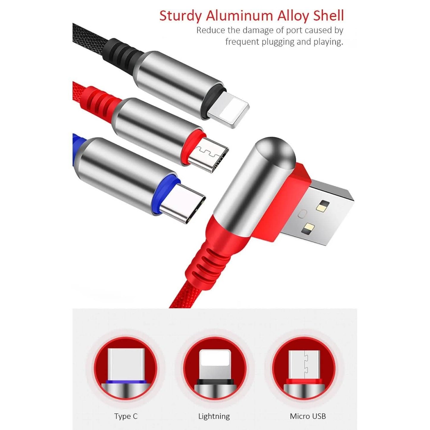 3-in-1 Ladekabel USB auf Micro-USB + Typ C + Lightning Ladekabel Schnellladekabel
