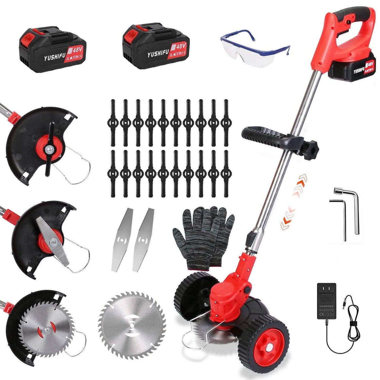 3-in-1 Akku-Rasentrimmer, elektrisch, akkubetrieben, mit Rollen, verstellbarem Kopf und 2 Stück 2500-mAh-Akkus