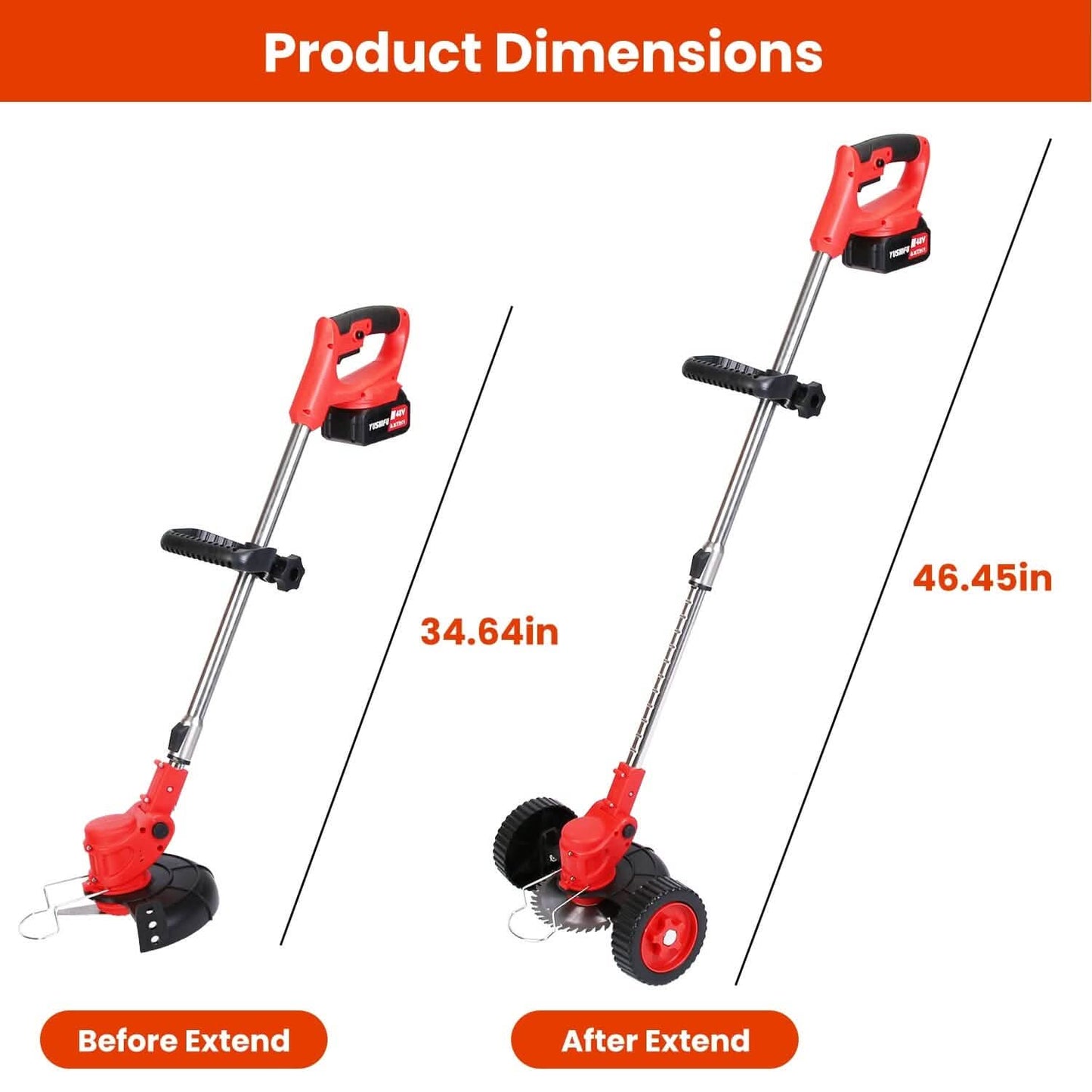 3-in-1 Akku-Rasentrimmer, elektrisch, akkubetrieben, mit Rollen, verstellbarem Kopf und 2 Stück 2500-mAh-Akkus