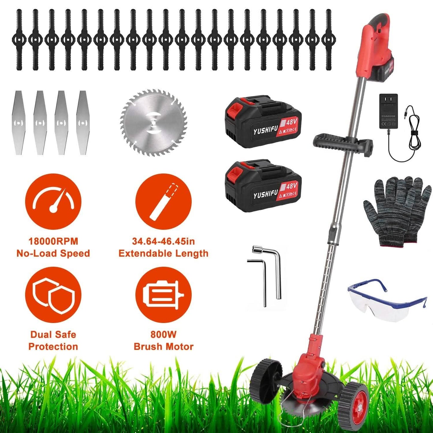 3-in-1 Akku-Rasentrimmer, elektrisch, akkubetrieben, mit Rollen, verstellbarem Kopf und 2 Stück 2500-mAh-Akkus