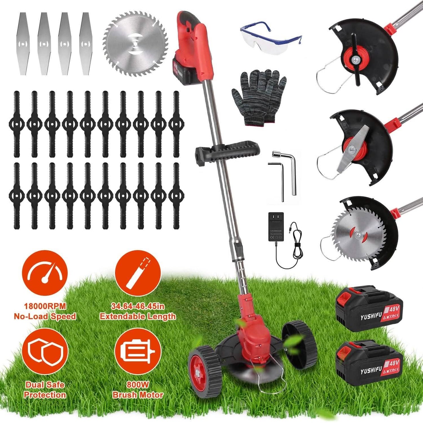 3-in-1 Akku-Rasentrimmer, elektrisch, akkubetrieben, mit Rollen, verstellbarem Kopf und 2 Stück 2500-mAh-Akkus