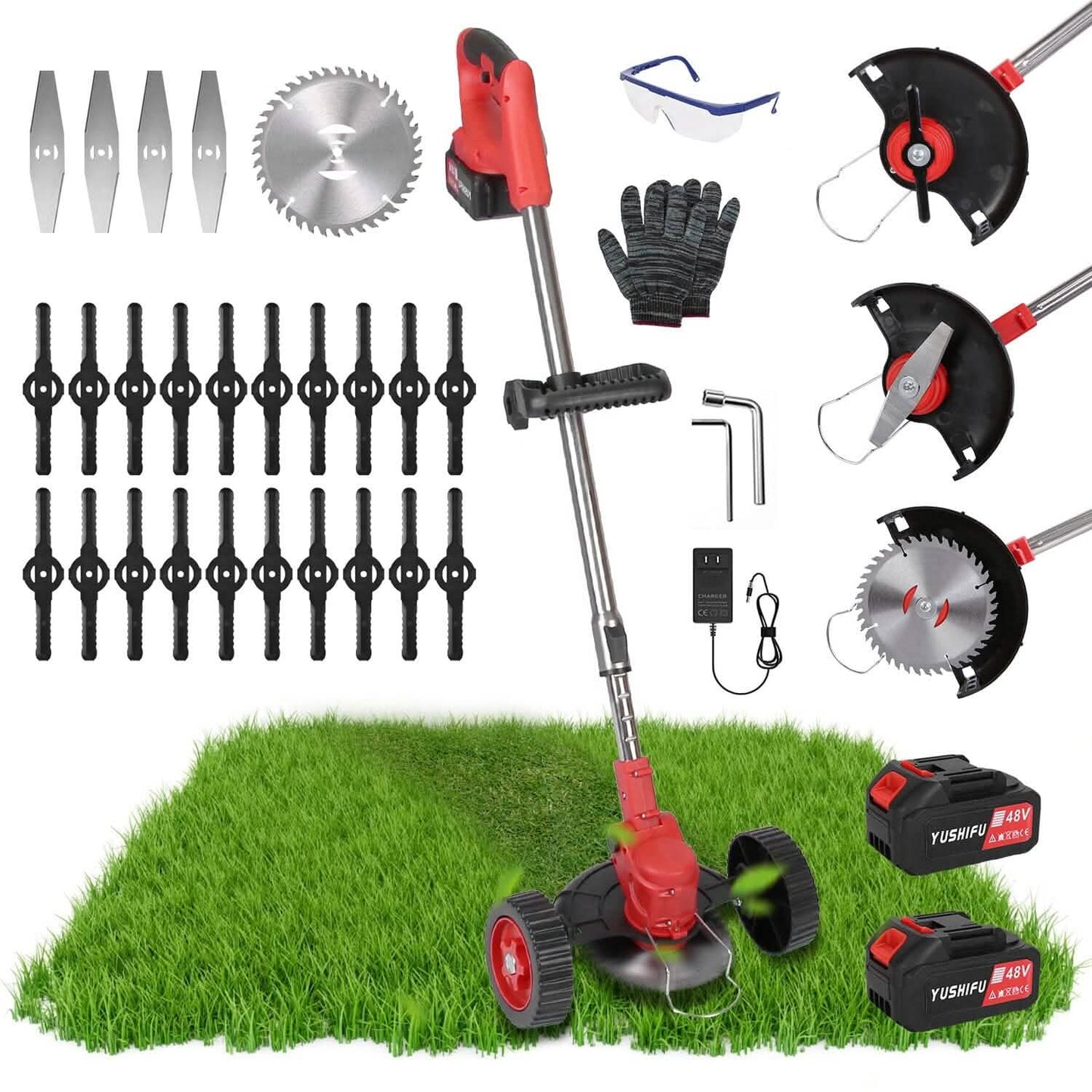 3-in-1 Akku-Rasentrimmer, elektrisch, akkubetrieben, mit Rollen, verstellbarem Kopf und 2 Stück 2500-mAh-Akkus