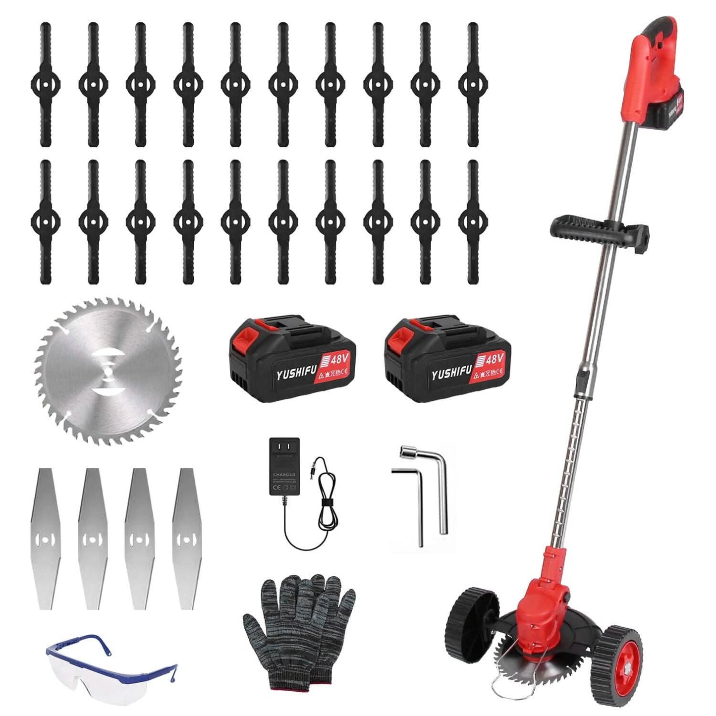 3-in-1 Akku-Rasentrimmer, elektrisch, akkubetrieben, mit Rollen, verstellbarem Kopf und 2 Stück 2500-mAh-Akkus