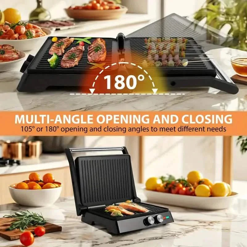 3-in-1 Elektrischer Indoor Antihaft-Grill & Panini-Presse Sandwichmaker mit einstellbarer Temperaturregelung und Fettschale