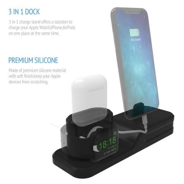 3-in-1 Silikon-Ladestation für Apple Watch, AirPods und iPhone + 2 Lightning-Kabel