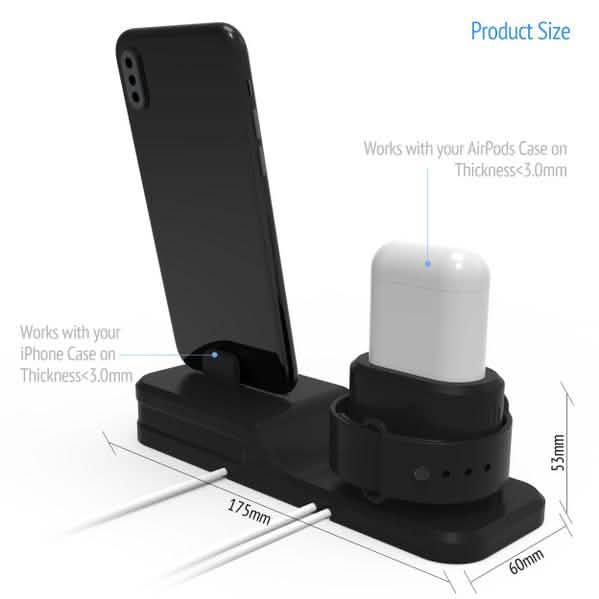 3-in-1 Silikon-Ladestation für Apple Watch, AirPods und iPhone + 2 Lightning-Kabel