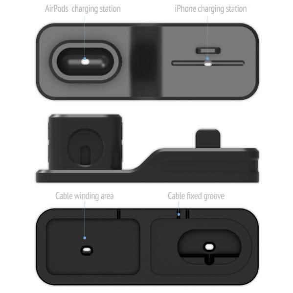 3-in-1 Silikon-Ladestation für Apple Watch, AirPods und iPhone + 2 Lightning-Kabel