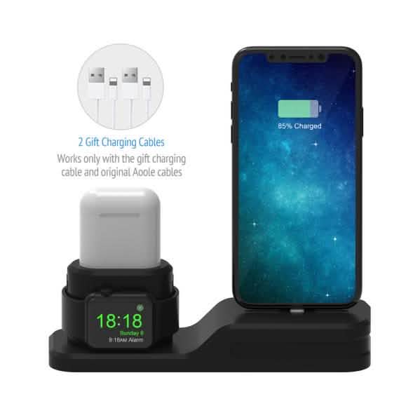 3-in-1 Silikon-Ladestation für Apple Watch, AirPods und iPhone + 2 Lightning-Kabel
