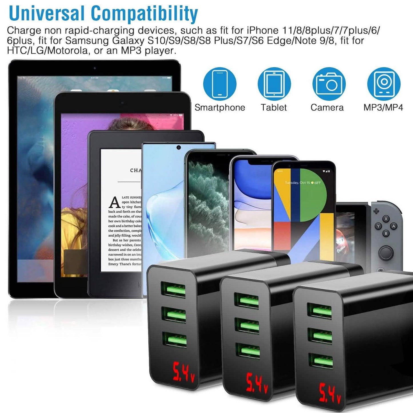 3er-Pack: USB-Wandladegerät mit 3 Anschlüssen