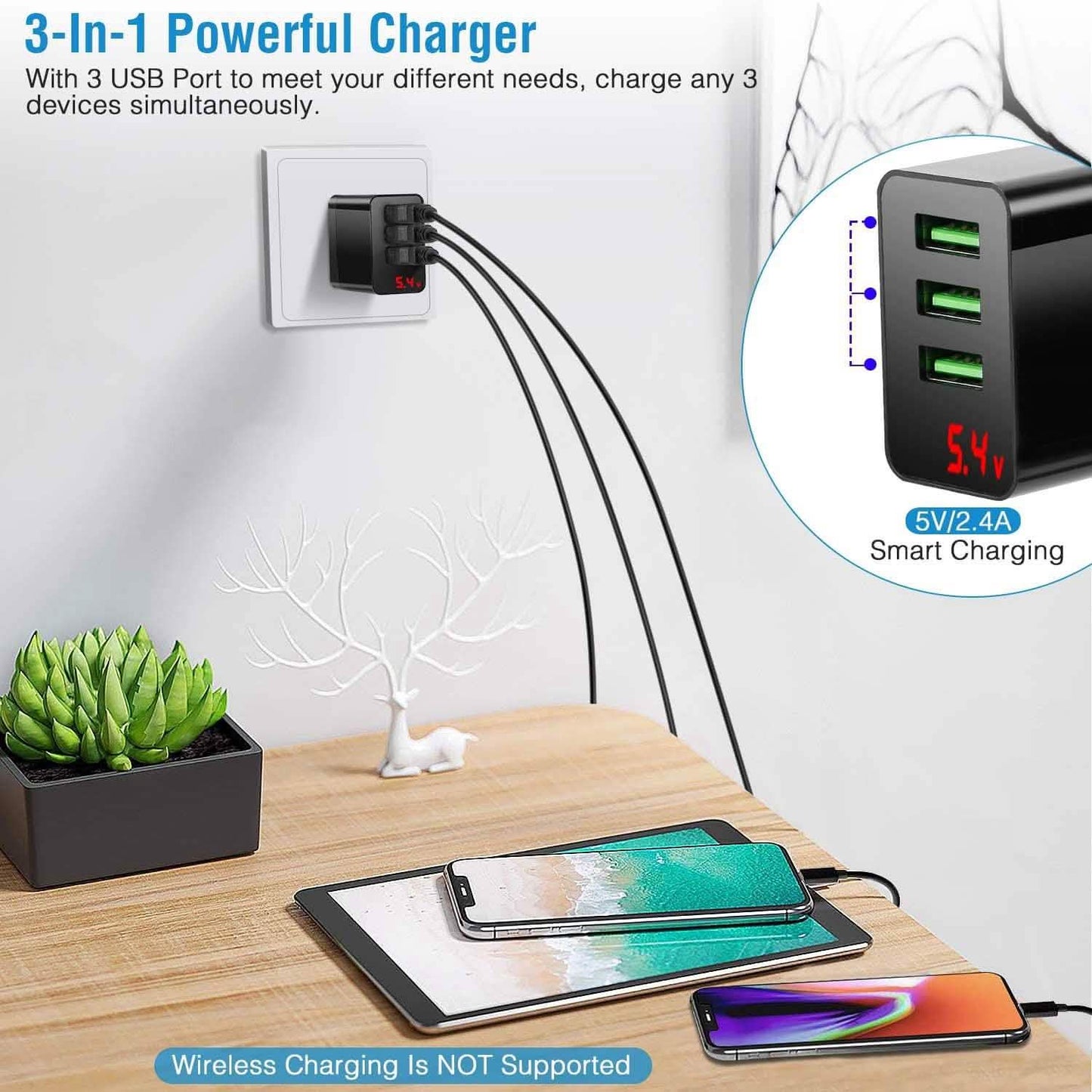 3er-Pack: USB-Wandladegerät mit 3 Anschlüssen