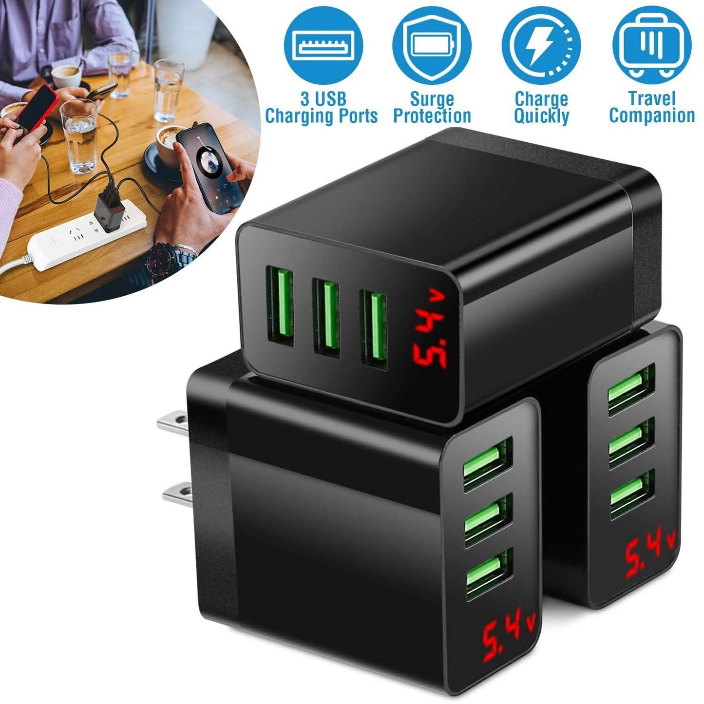 3er-Pack: USB-Wandladegerät mit 3 Anschlüssen