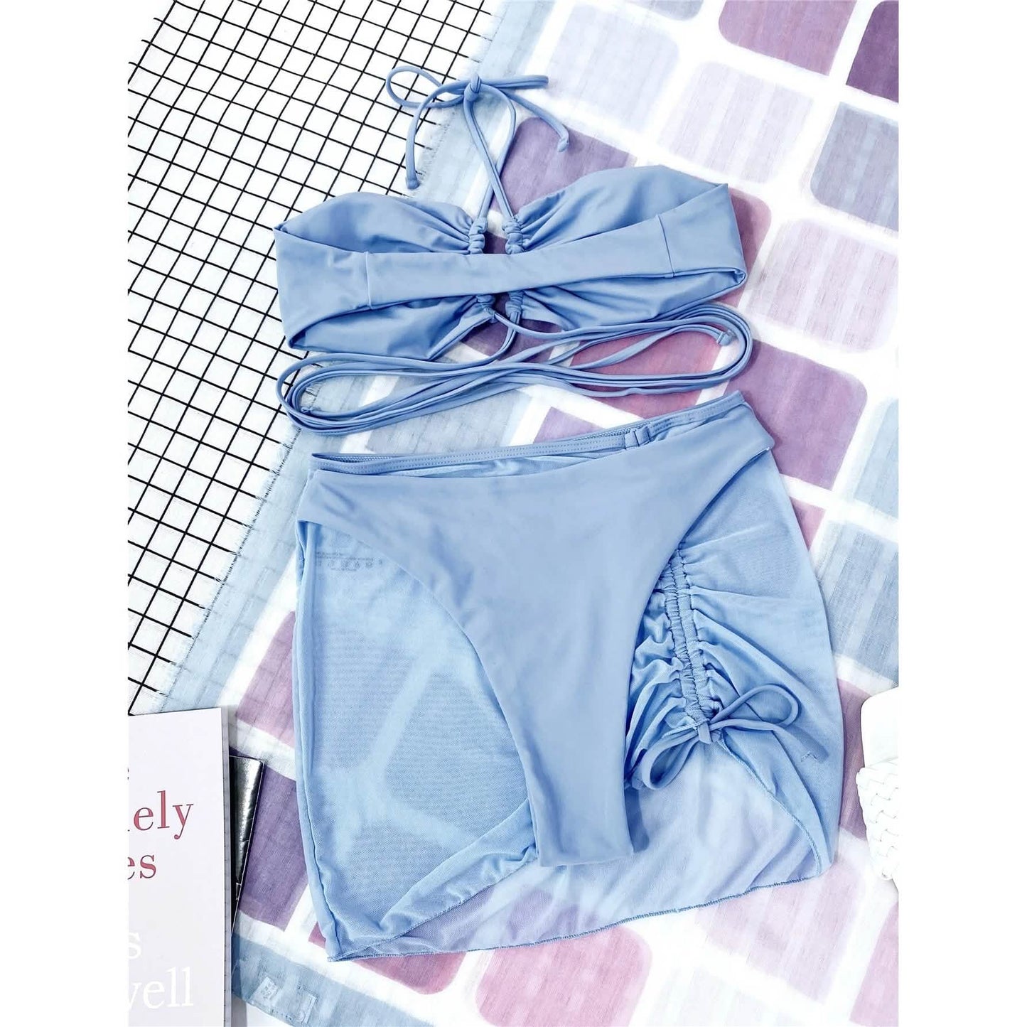 3er-Pack: Criss-Cross Neckholder Bikini und Strandrock