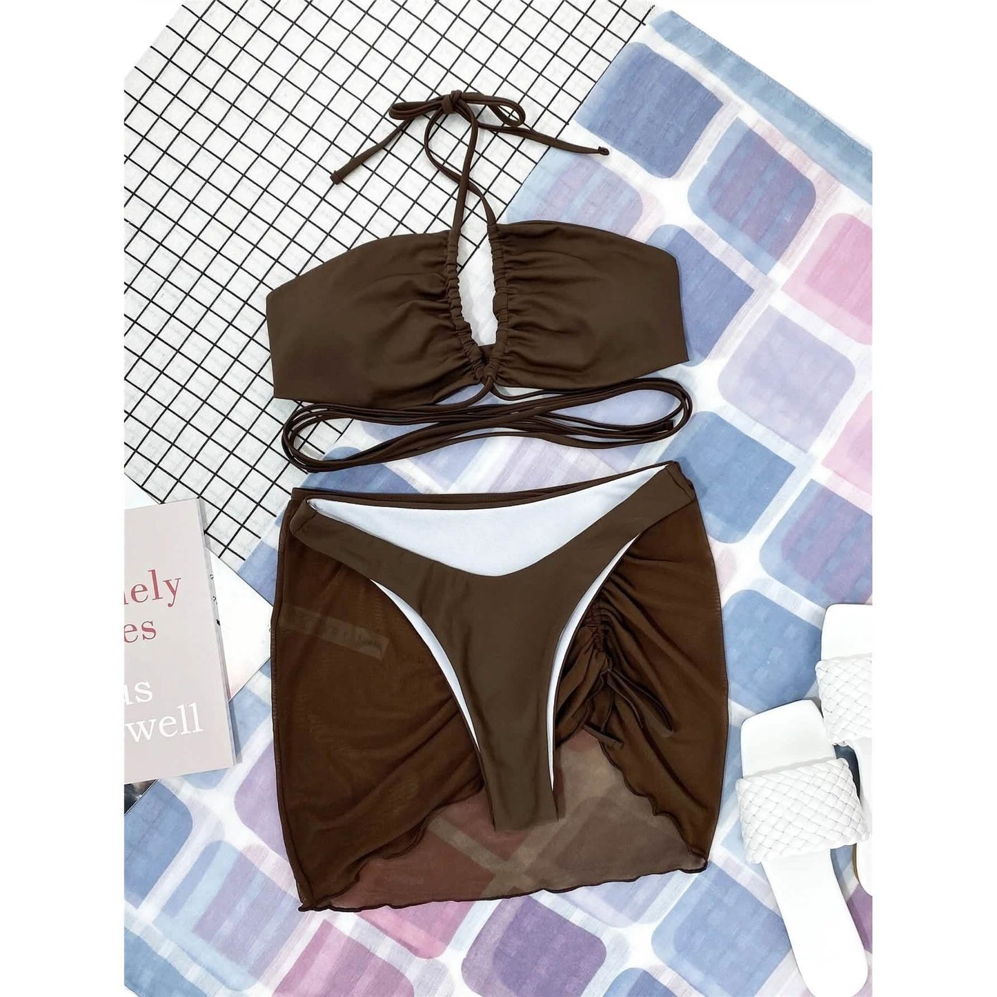 3er-Pack: Criss-Cross Neckholder Bikini und Strandrock