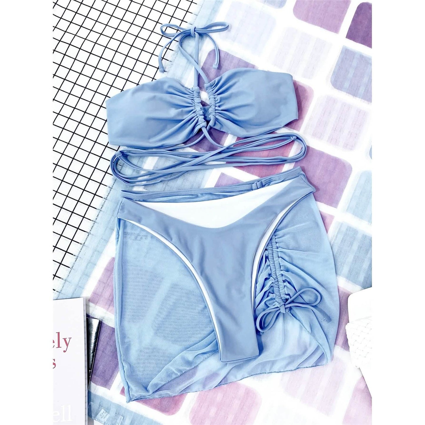 3er-Pack: Criss-Cross Neckholder Bikini und Strandrock