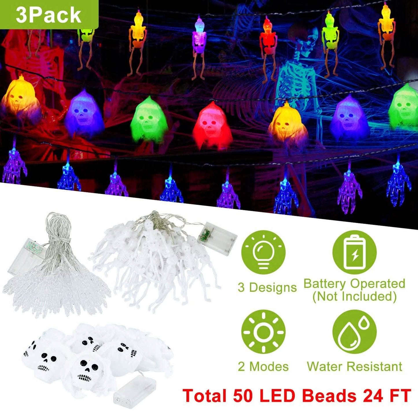 3er-Pack: Halloween Lichterketten-Dekorationen