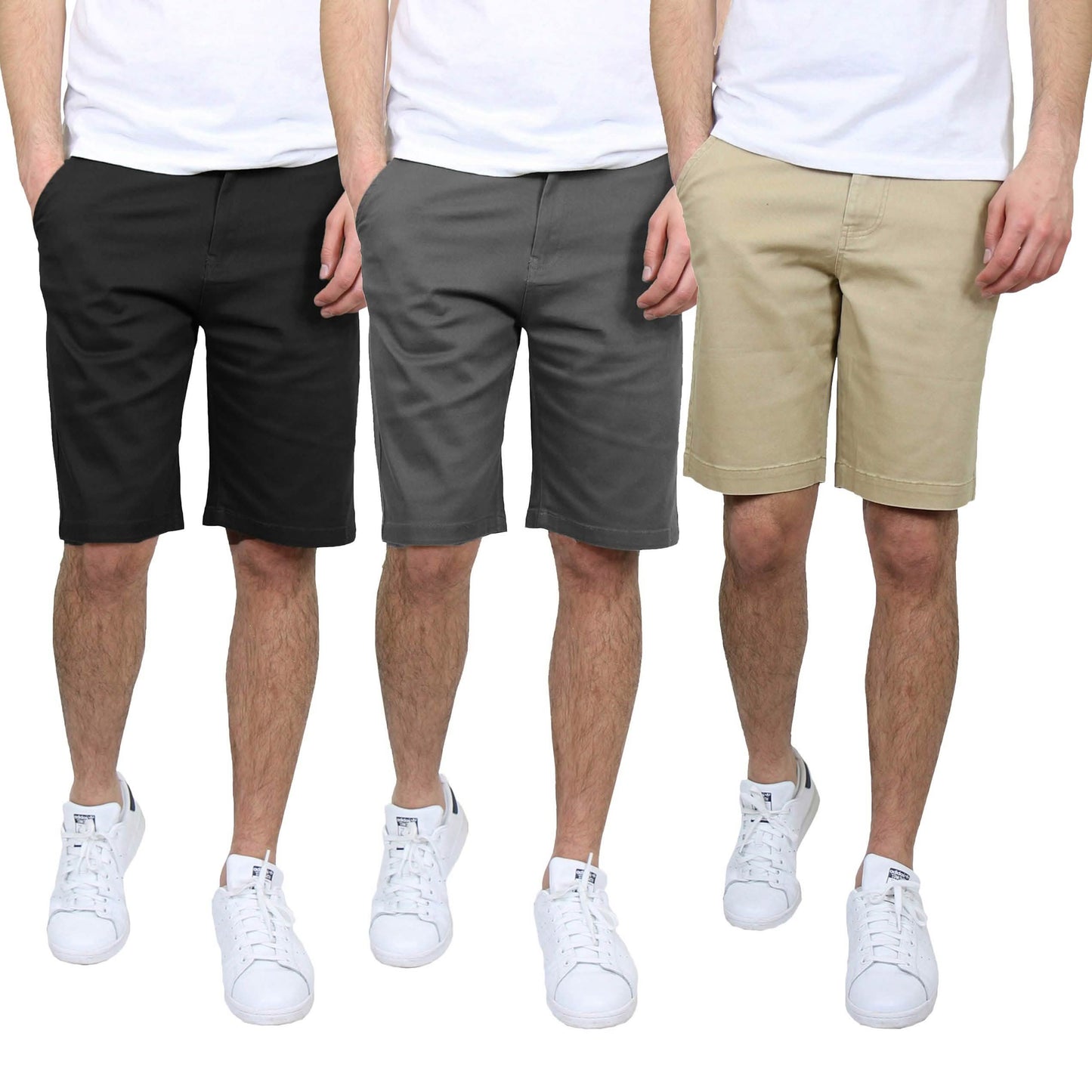3er-Pack: Slim-Fit Stretch-Chino-Shorts für Herren mit 5 Taschen und flacher Vorderseite