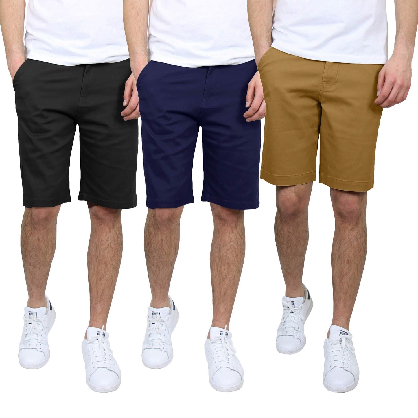 3er-Pack: Slim-Fit Stretch-Chino-Shorts für Herren mit 5 Taschen und flacher Vorderseite