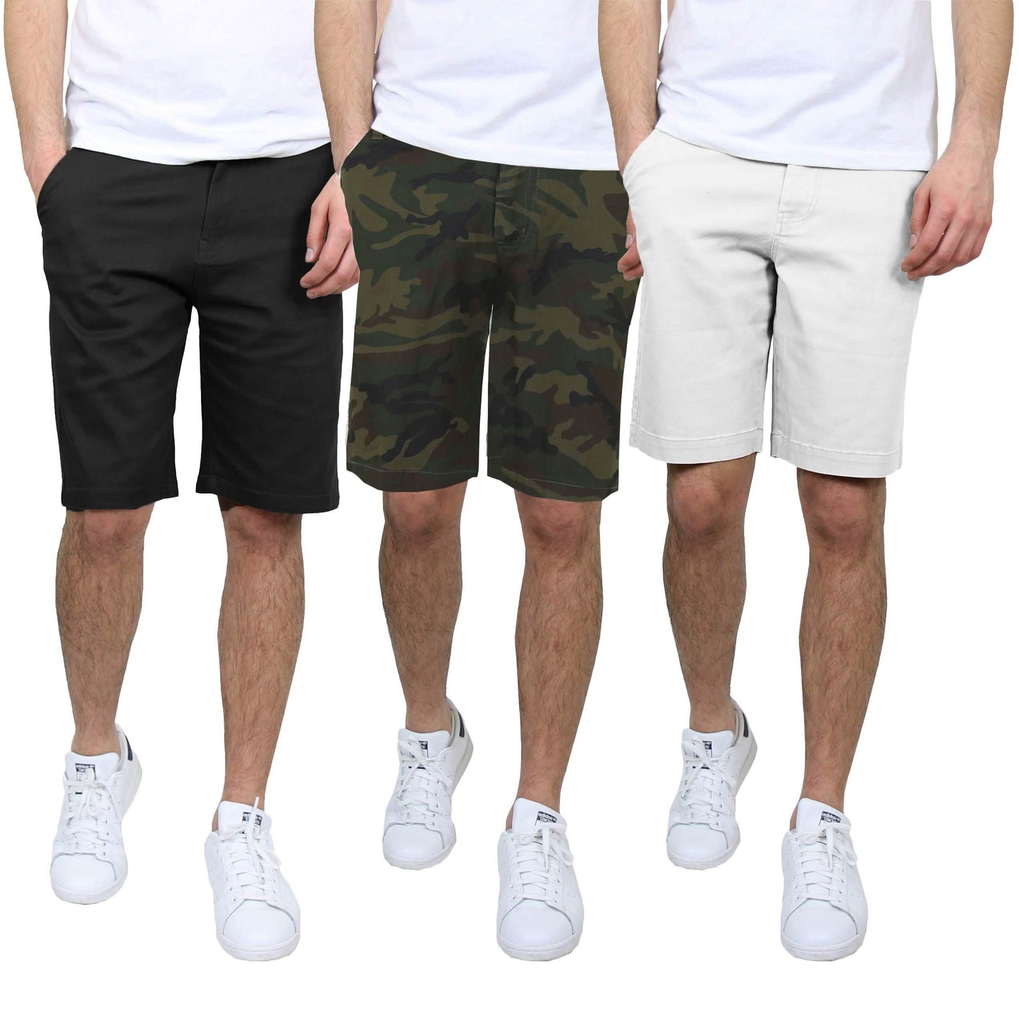 3er-Pack: Slim-Fit Stretch-Chino-Shorts für Herren mit 5 Taschen und flacher Vorderseite