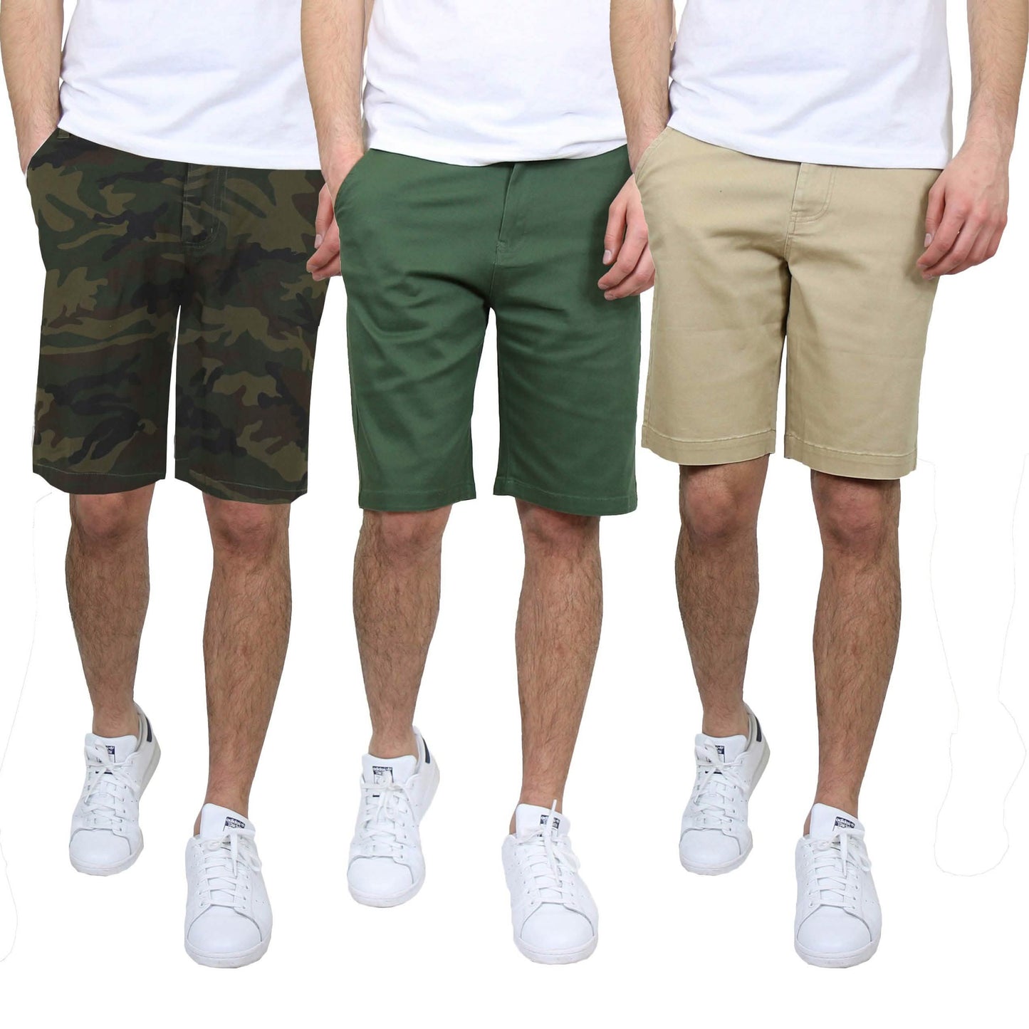 3er-Pack: Slim-Fit Stretch-Chino-Shorts für Herren mit 5 Taschen und flacher Vorderseite