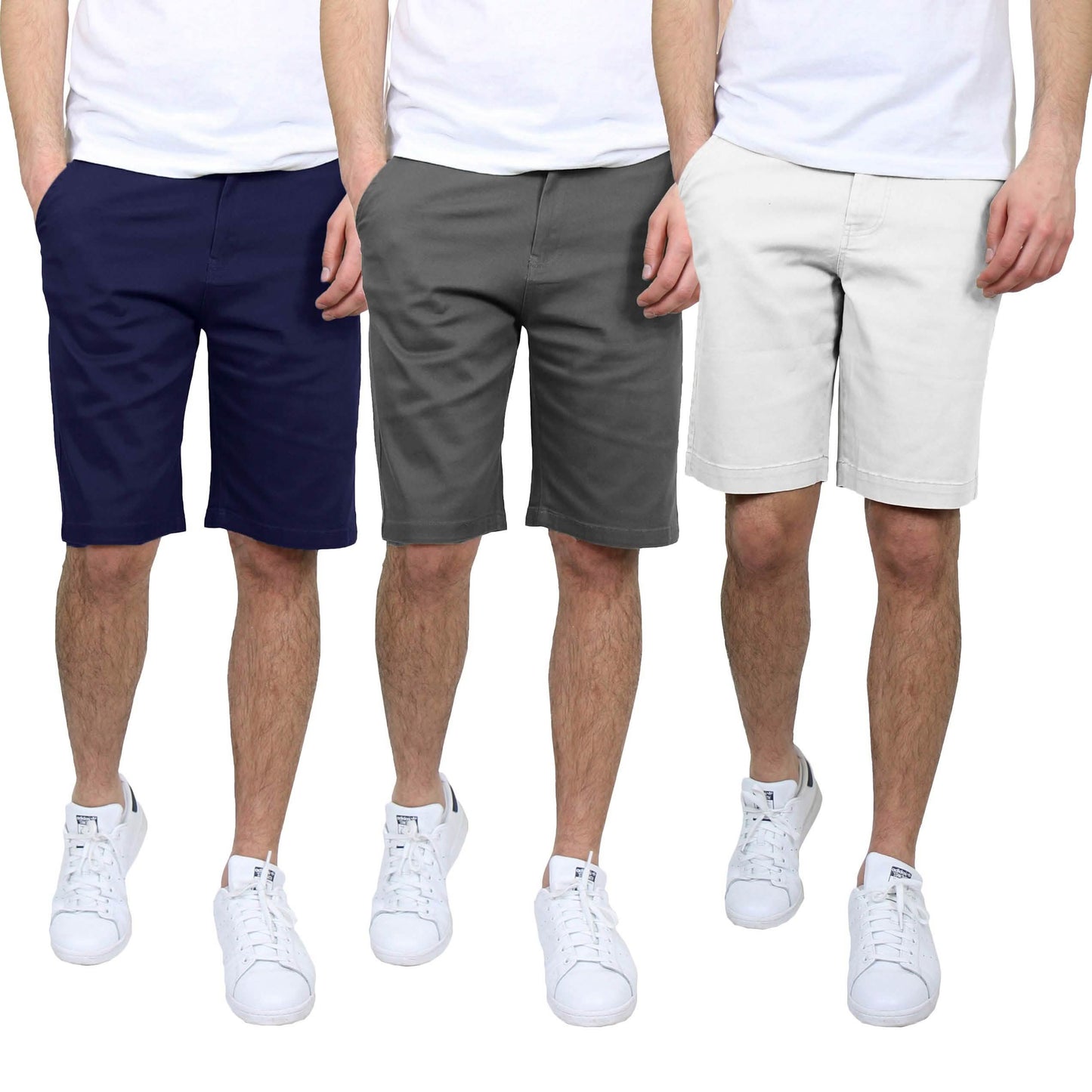 3er-Pack: Slim-Fit Stretch-Chino-Shorts für Herren mit 5 Taschen und flacher Vorderseite
