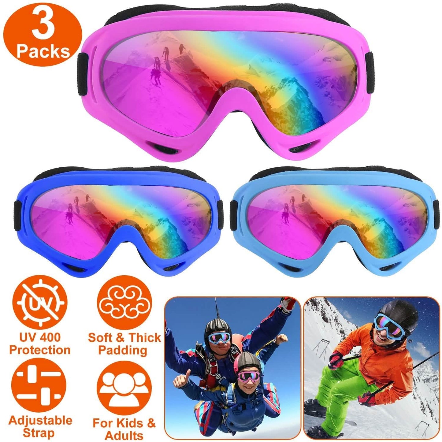 3er-Pack: Wintersportbrillen für Kinder und Erwachsene