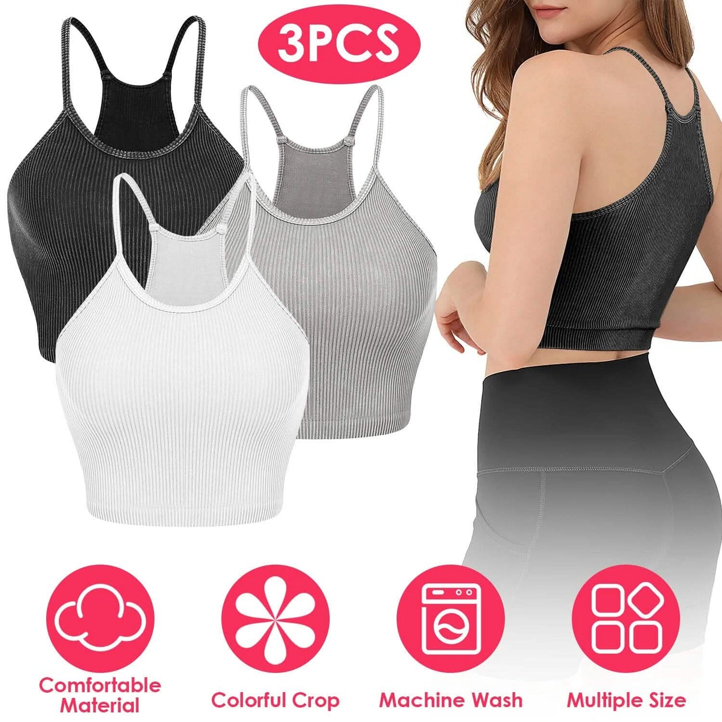 3er-Pack: Damen Crop Basic Tanktop Gerippt Ärmellos