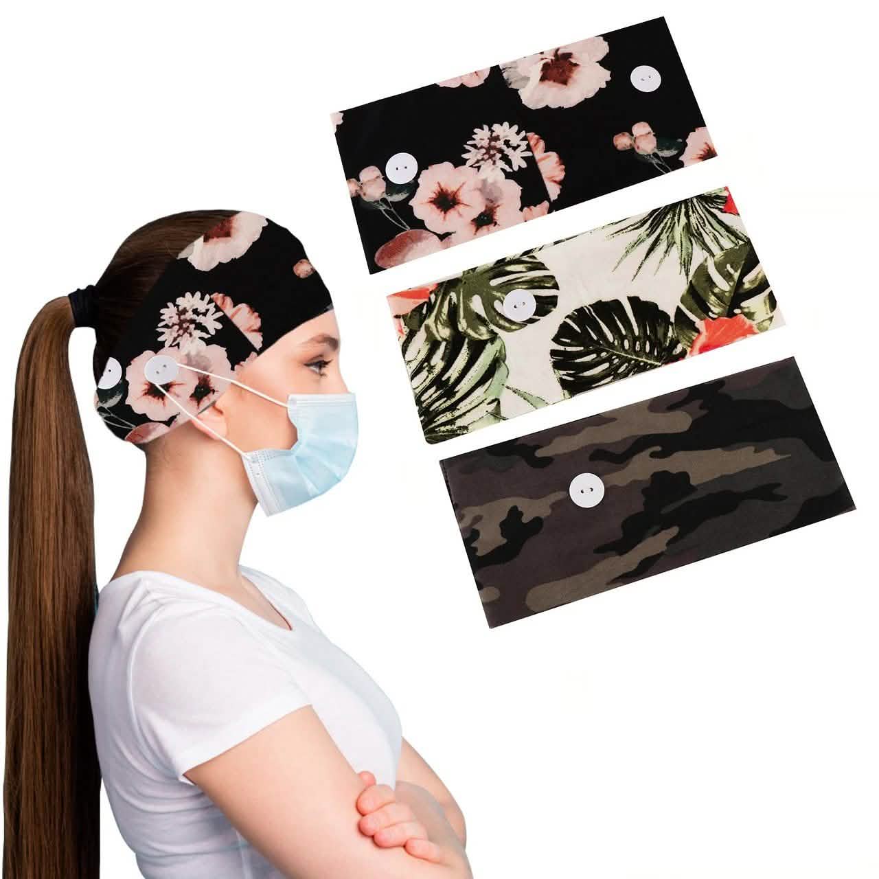 3er-Pack: Bequemes, dehnbares Stirnband für Damen mit Knöpfen für Gesichtsmasken und -bedeckungen