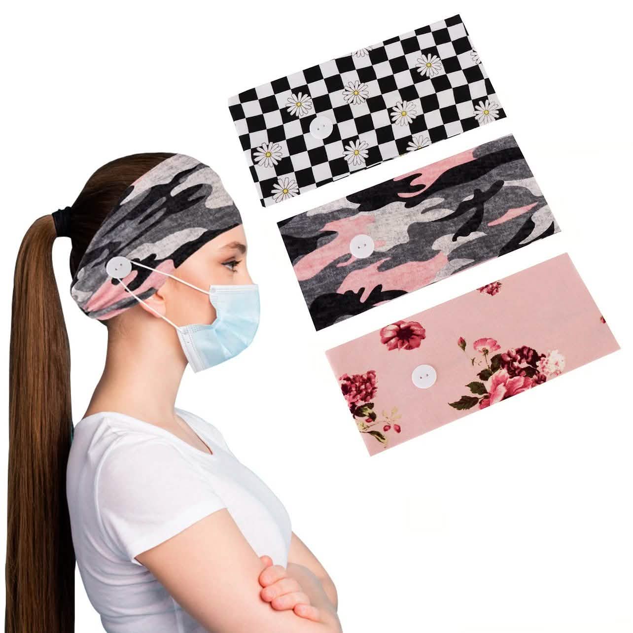 3er-Pack: Bequemes, dehnbares Stirnband für Damen mit Knöpfen für Gesichtsmasken und -bedeckungen
