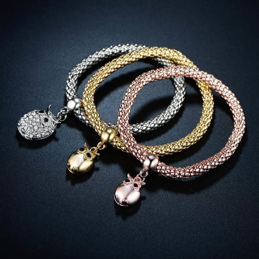 3-teilig: 18K Dreifarbige Eulen-Charm Stretch-Popcorn Armband-Set