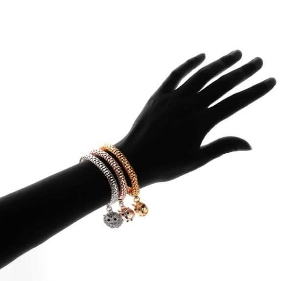 3-teilig: 18K Dreifarbige Eulen-Charm Stretch-Popcorn Armband-Set