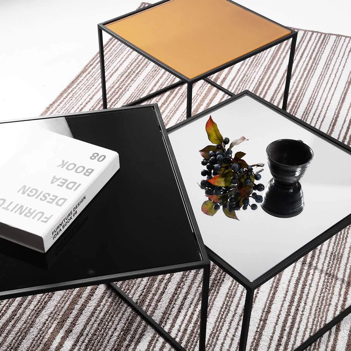 3-teilig: Couchtisch-Satztisch-Set mit Spiegelplatte und Ablagetisch/Beistelltisch aus schwarzem Stahlrohr