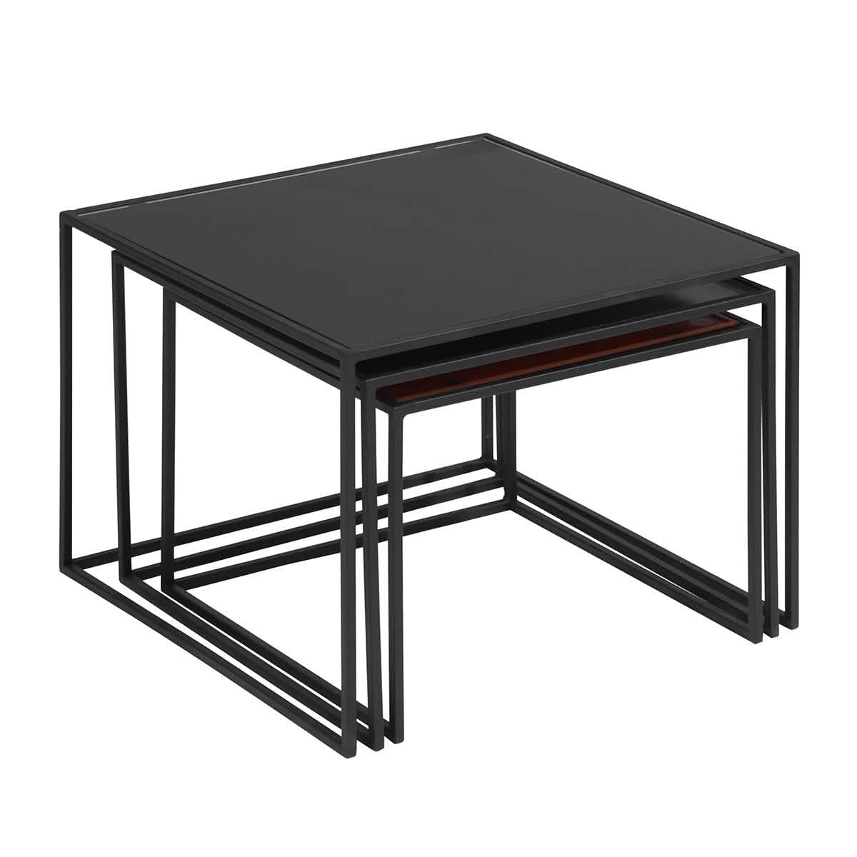 3-teilig: Couchtisch-Satztisch-Set mit Spiegelplatte und Ablagetisch/Beistelltisch aus schwarzem Stahlrohr