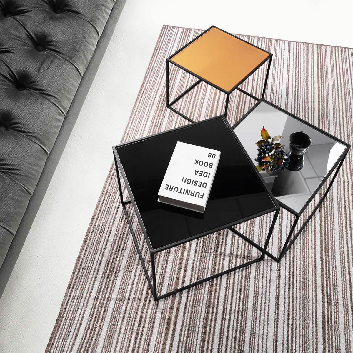 3-teilig: Couchtisch-Satztisch-Set mit Spiegelplatte und Ablagetisch/Beistelltisch aus schwarzem Stahlrohr