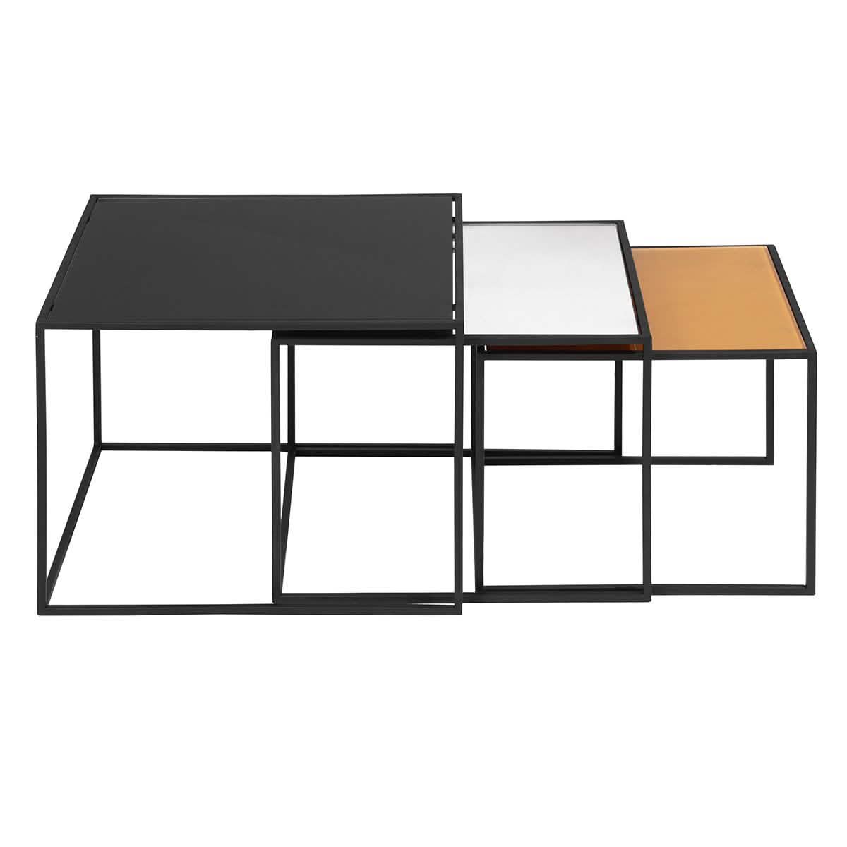 3-teilig: Couchtisch-Satztisch-Set mit Spiegelplatte und Ablagetisch/Beistelltisch aus schwarzem Stahlrohr
