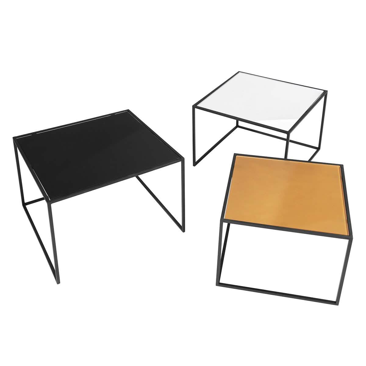 3-teilig: Couchtisch-Satztisch-Set mit Spiegelplatte und Ablagetisch/Beistelltisch aus schwarzem Stahlrohr