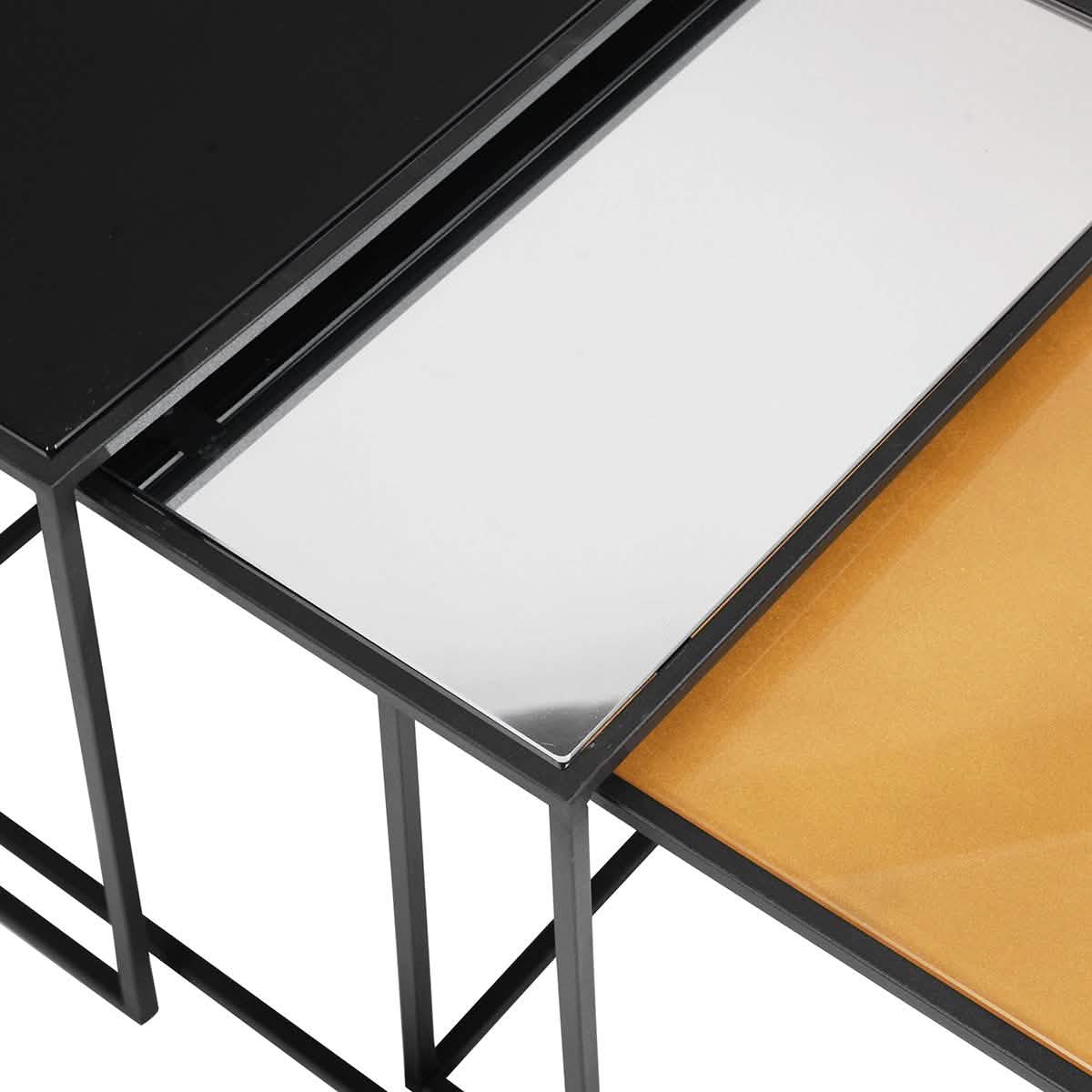 3-teilig: Couchtisch-Satztisch-Set mit Spiegelplatte und Ablagetisch/Beistelltisch aus schwarzem Stahlrohr