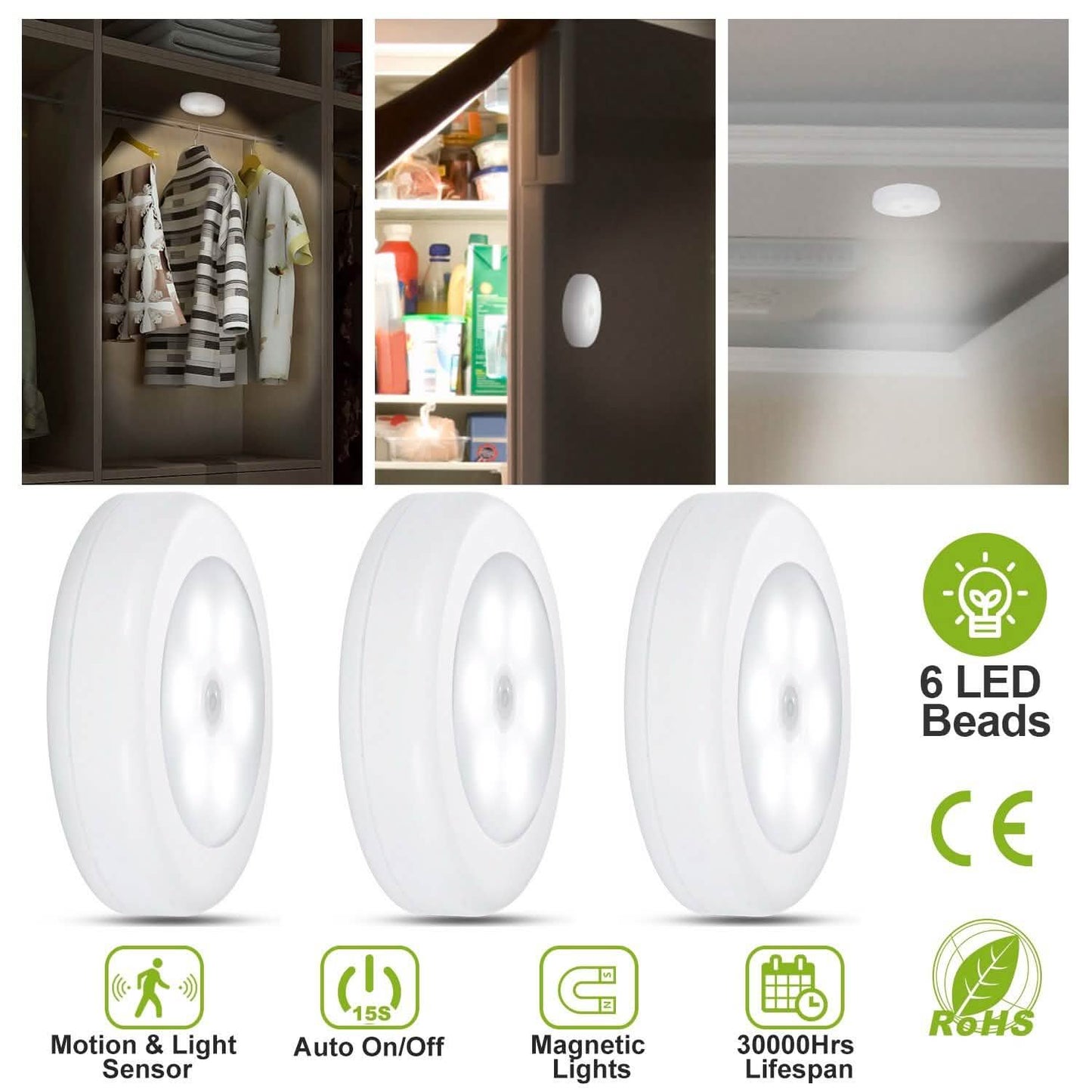 3er-Pack: Bewegungssensor LED-Nachtlicht zum Aufkleben, kabellos