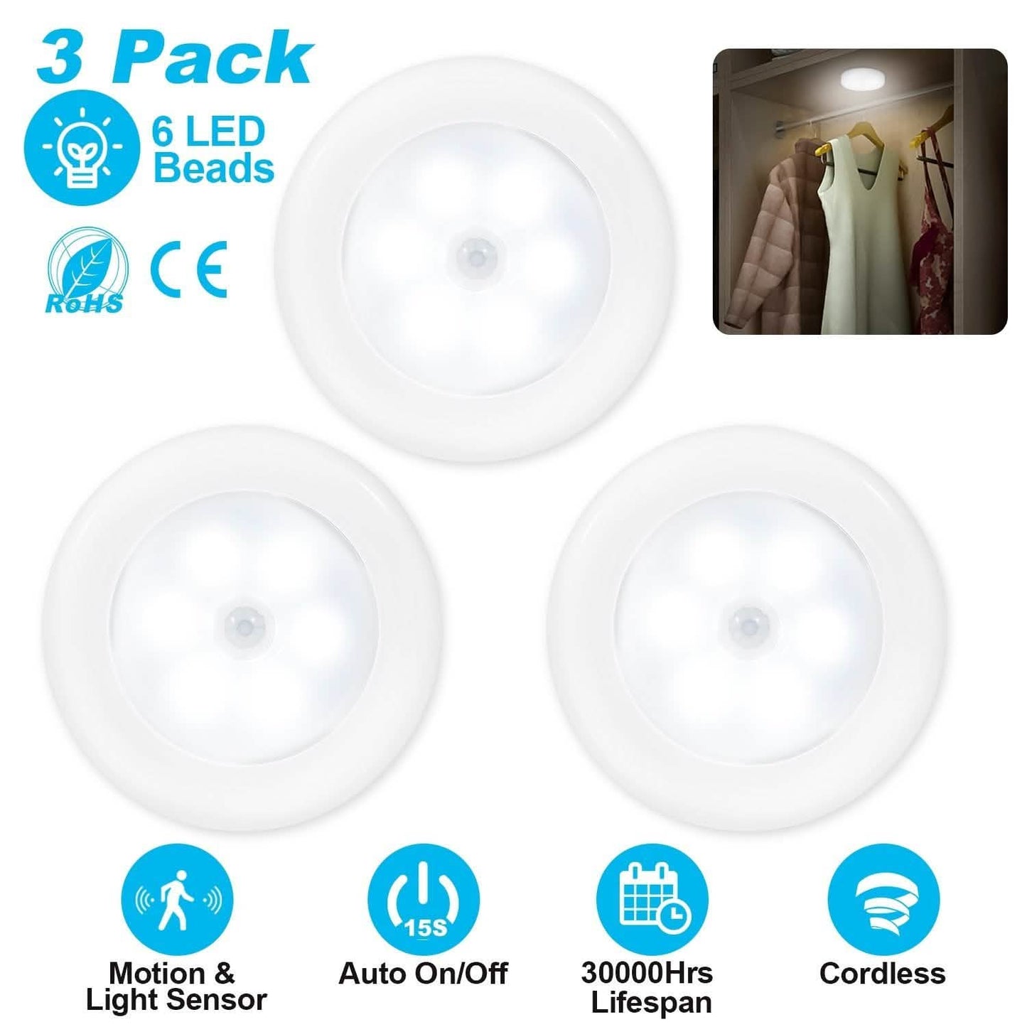 3er-Pack: Bewegungssensor LED-Nachtlicht zum Aufkleben, kabellos