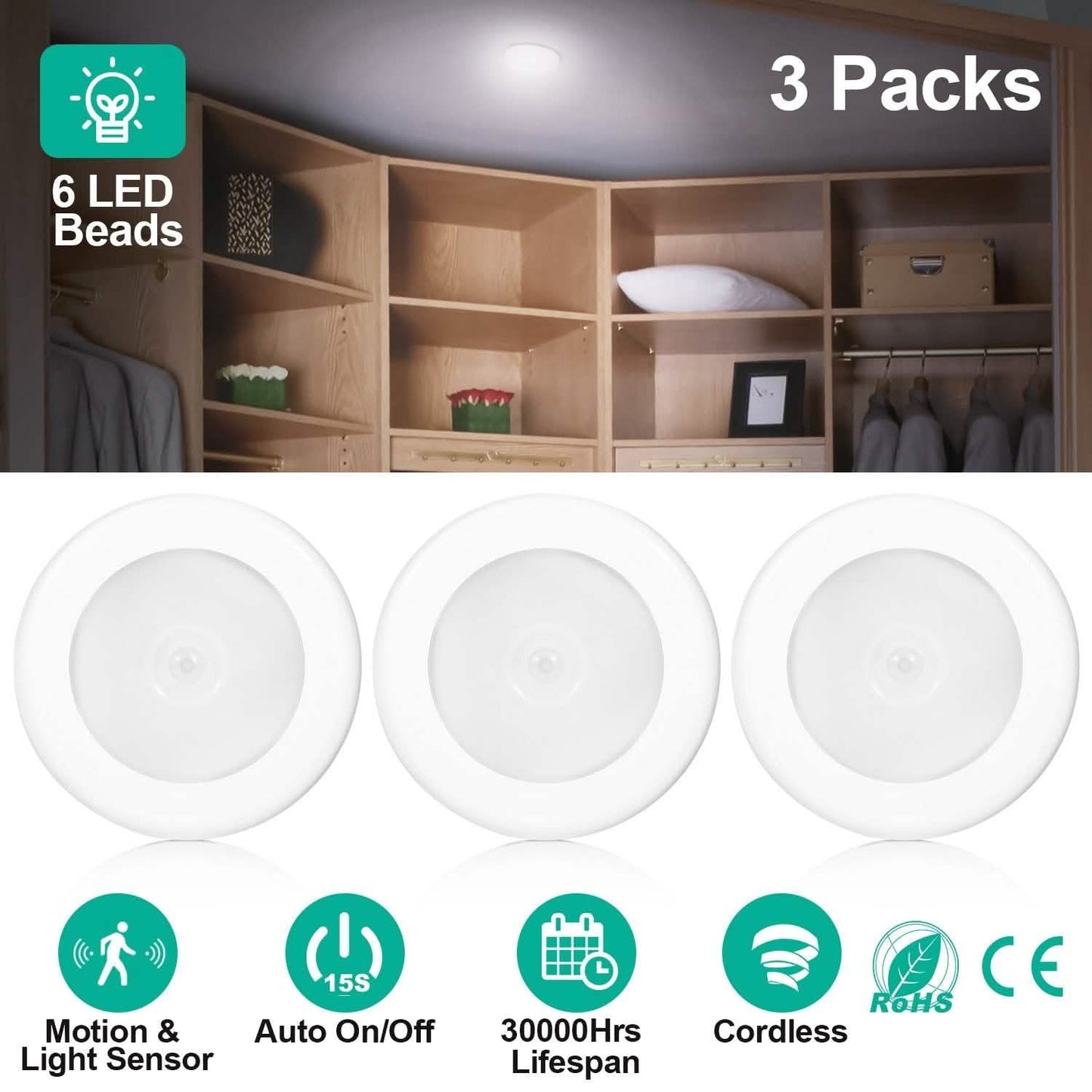 3er-Pack: Bewegungssensor LED-Nachtlicht zum Aufkleben, kabellos